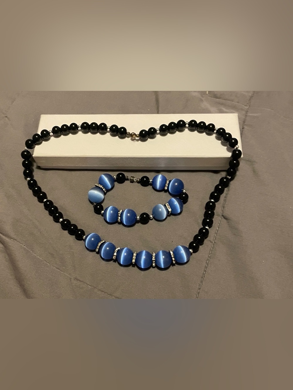 Source Unknown Blue and Black Bead Necklace with Matching Bracelet